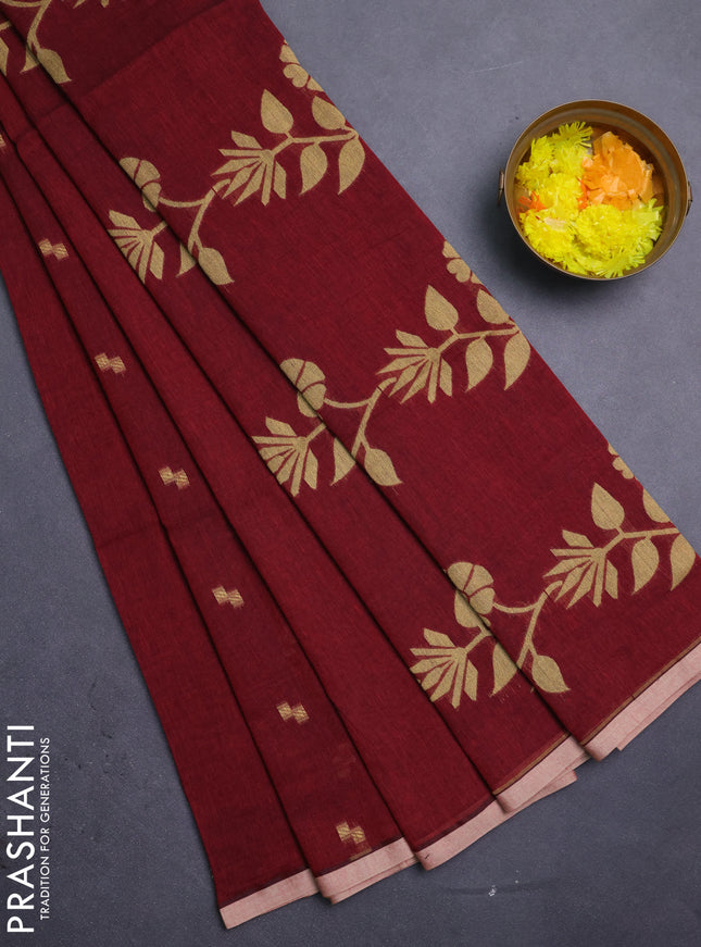 Bengal soft cotton saree maroon and beige with thread woven buttas and piping border