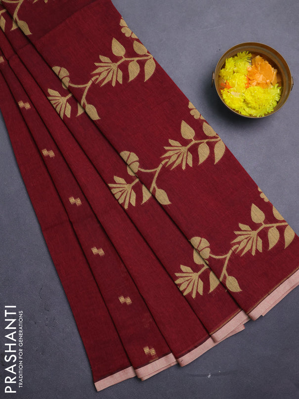 Bengal soft cotton saree maroon and beige with thread woven buttas and piping border