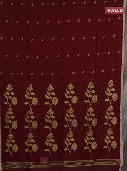 Bengal soft cotton saree maroon and beige with thread woven buttas and piping border