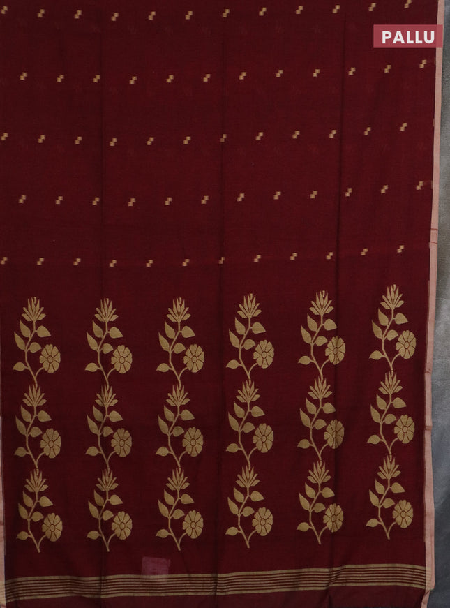 Bengal soft cotton saree maroon and beige with thread woven buttas and piping border