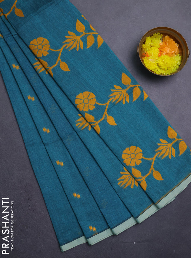 Bengal soft cotton saree peacock green with thread woven buttas and piping border