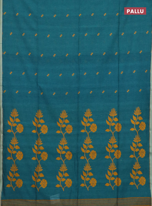 Bengal soft cotton saree peacock green with thread woven buttas and piping border