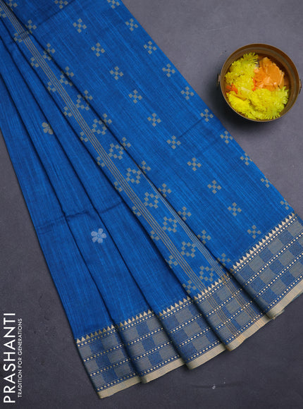 Bengal soft cotton saree cs blue with thread woven buttas and temple design thread woven border