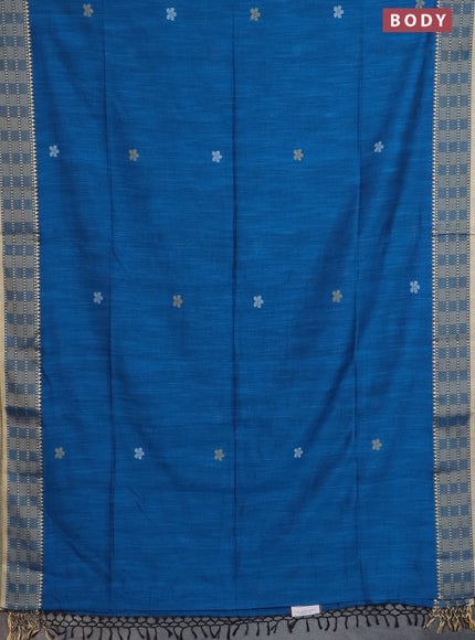 Bengal soft cotton saree cs blue with thread woven buttas and temple design thread woven border