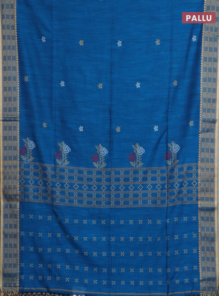 Bengal soft cotton saree cs blue with thread woven buttas and temple design thread woven border