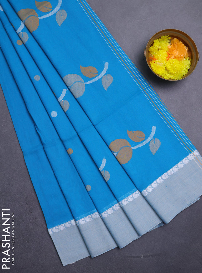 Bengal soft cotton saree cs blue with thread woven buttas and paisley thread woven simple border