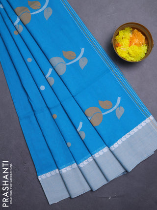 Bengal soft cotton saree cs blue with thread woven buttas and paisley thread woven simple border