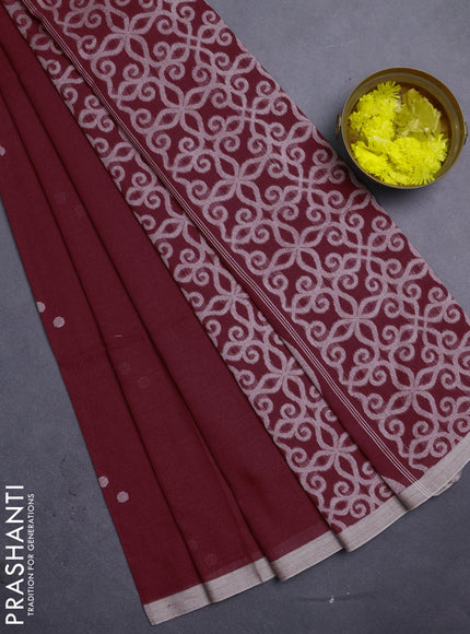 Bengal soft cotton saree maroon and beige with thread woven buttas and piping border