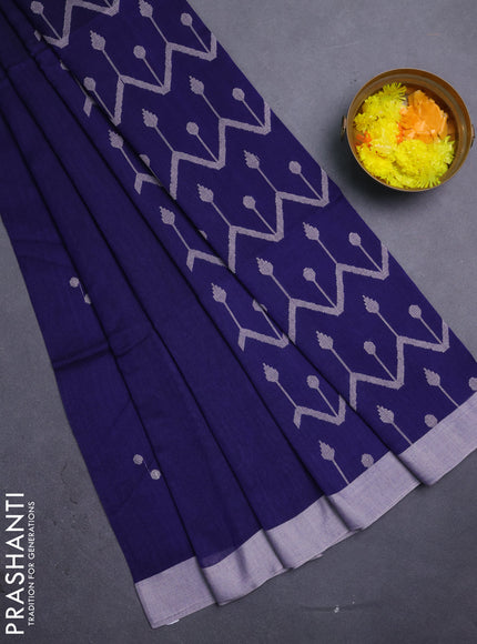 Bengal soft cotton saree navy blue and beige with thread woven buttas and simple border