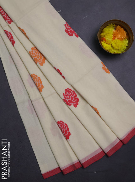 Bengal soft cotton saree cream with thread woven buttas and piping border