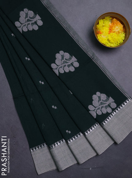 Bengal soft cotton saree bottle green and beige with thread woven buttas and temple design simple border