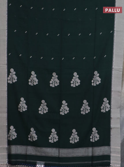 Bengal soft cotton saree bottle green and beige with thread woven buttas and temple design simple border