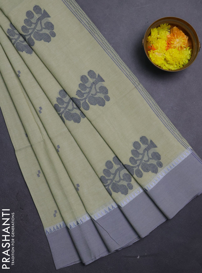 Bengal soft cotton saree pista green and grey with thread woven buttas and temple design simple border