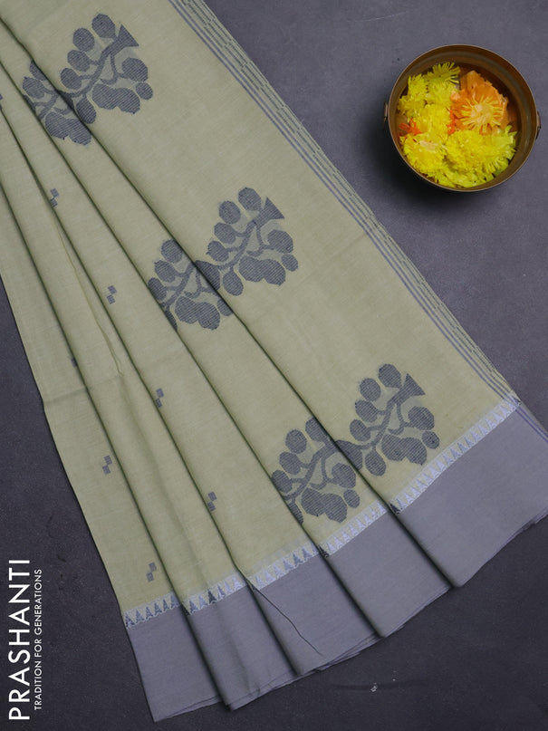 Bengal soft cotton saree pista green and grey with thread woven buttas and temple design simple border
