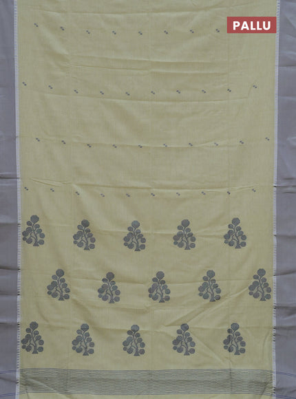 Bengal soft cotton saree pista green and grey with thread woven buttas and temple design simple border
