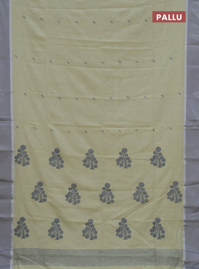 Bengal soft cotton saree pista green and grey with thread woven buttas and temple design simple border