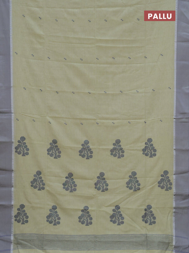 Bengal soft cotton saree pista green and grey with thread woven buttas and temple design simple border
