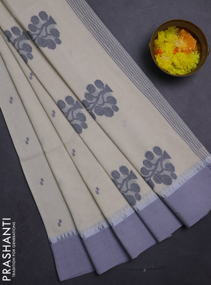 Bengal soft cotton saree cream and grey with thread woven buttas and temple design simple border