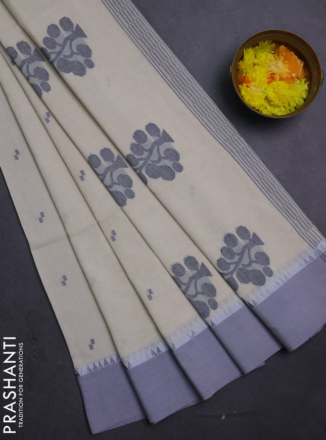 Bengal soft cotton saree cream and grey with thread woven buttas and temple design simple border