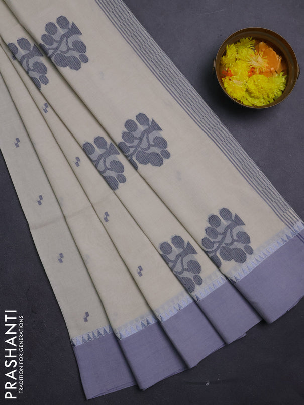 Bengal soft cotton saree cream and grey with thread woven buttas and temple design simple border