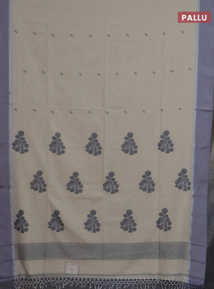 Bengal soft cotton saree cream and grey with thread woven buttas and temple design simple border