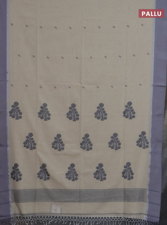 Bengal soft cotton saree cream and grey with thread woven buttas and temple design simple border