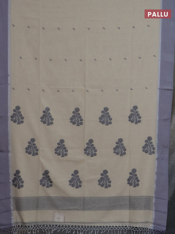 Bengal soft cotton saree cream and grey with thread woven buttas and temple design simple border