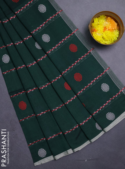 Bengal soft cotton saree bottle green with allover thread weaves & buttas and piping border