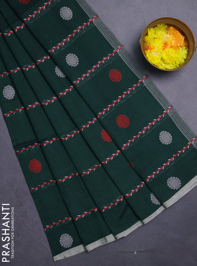 Bengal soft cotton saree bottle green with allover thread weaves & buttas and piping border