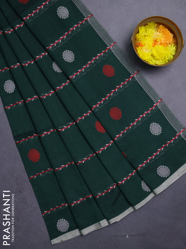 Bengal soft cotton saree bottle green with allover thread weaves & buttas and piping border
