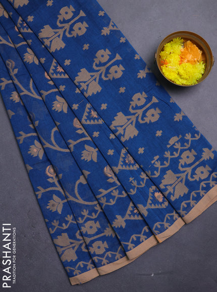 Bengal soft cotton saree peacock blue and sandal with allover thread & zari weaves and thread woven border