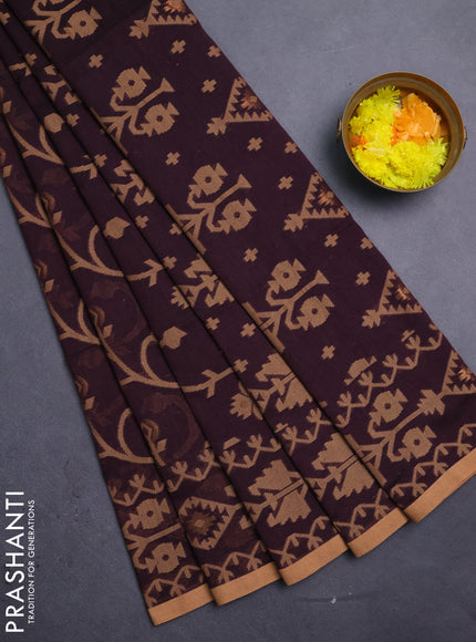 Bengal soft cotton saree deep wine and sandal with allover thread & zari weaves and thread woven border