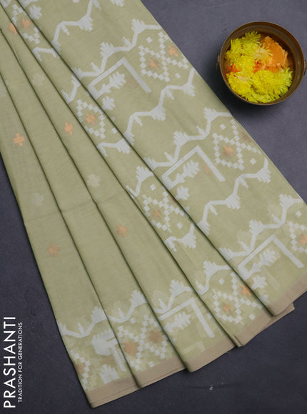 Bengal soft cotton saree mild pista green and sandal with thread & zari woven buttas and thread woven border