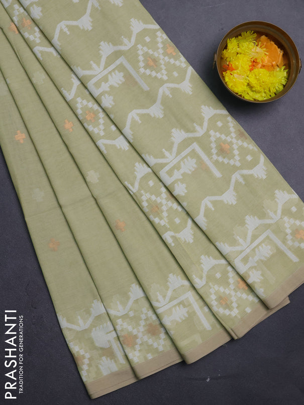 Bengal soft cotton saree mild pista green and sandal with thread & zari woven buttas and thread woven border