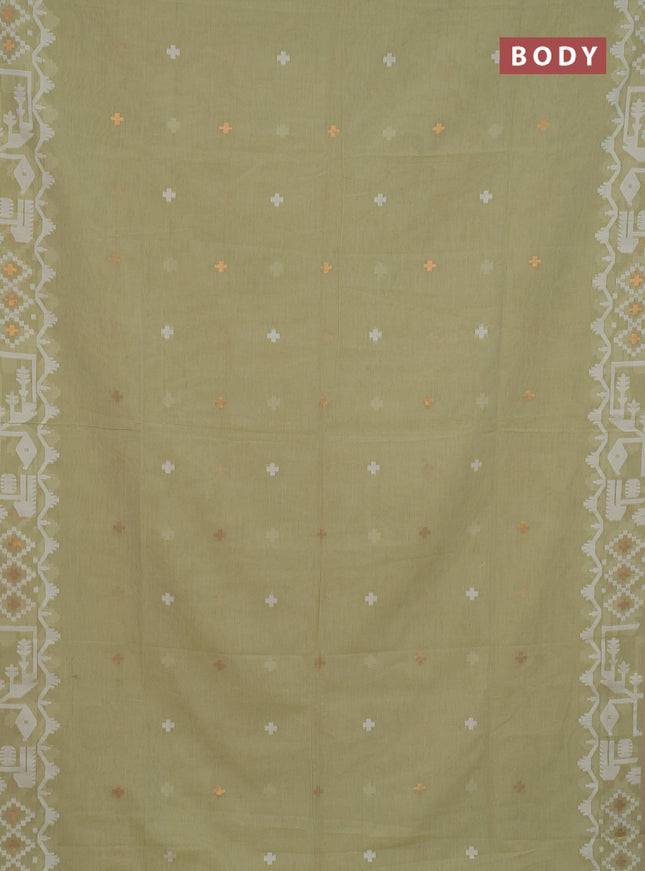 Bengal soft cotton saree mild pista green and sandal with thread & zari woven buttas and thread woven border