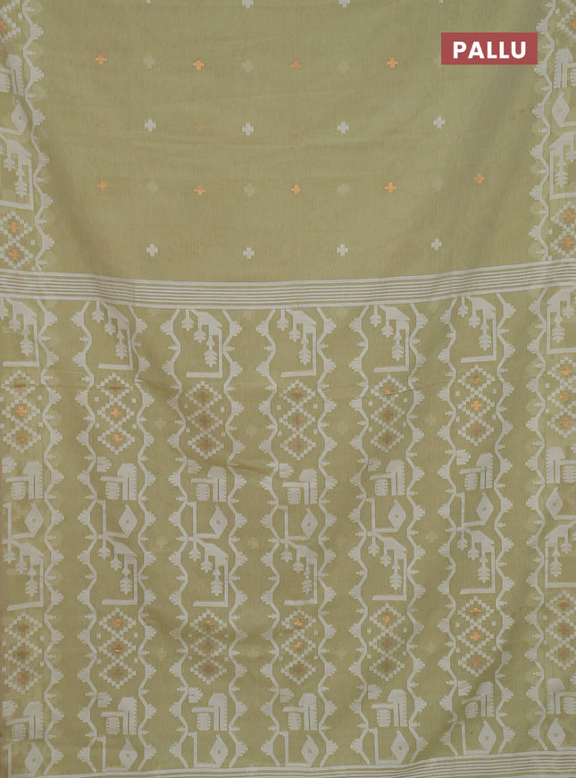 Bengal soft cotton saree mild pista green and sandal with thread & zari woven buttas and thread woven border