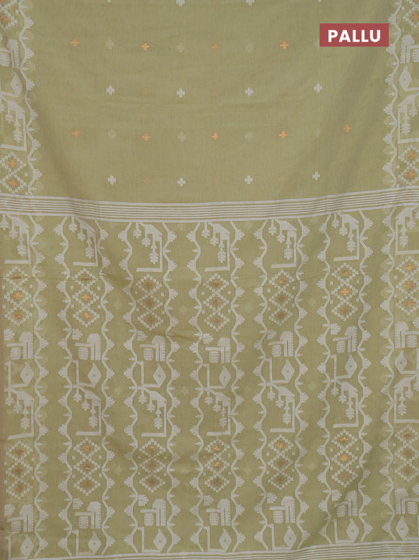 Bengal soft cotton saree mild pista green and sandal with thread & zari woven buttas and thread woven border