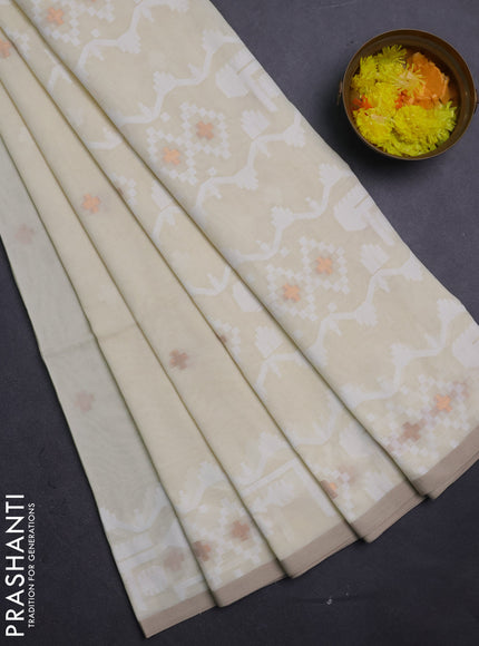 Bengal soft cotton saree cream and sandal with thread & zari woven buttas and thread woven border