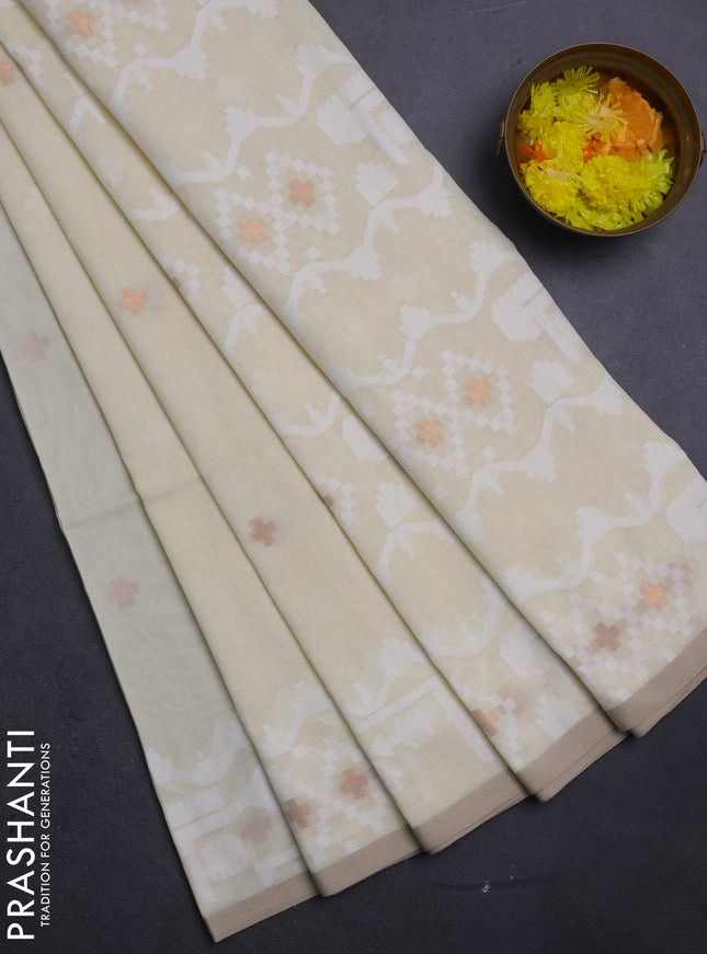 Bengal soft cotton saree cream and sandal with thread & zari woven buttas and thread woven border