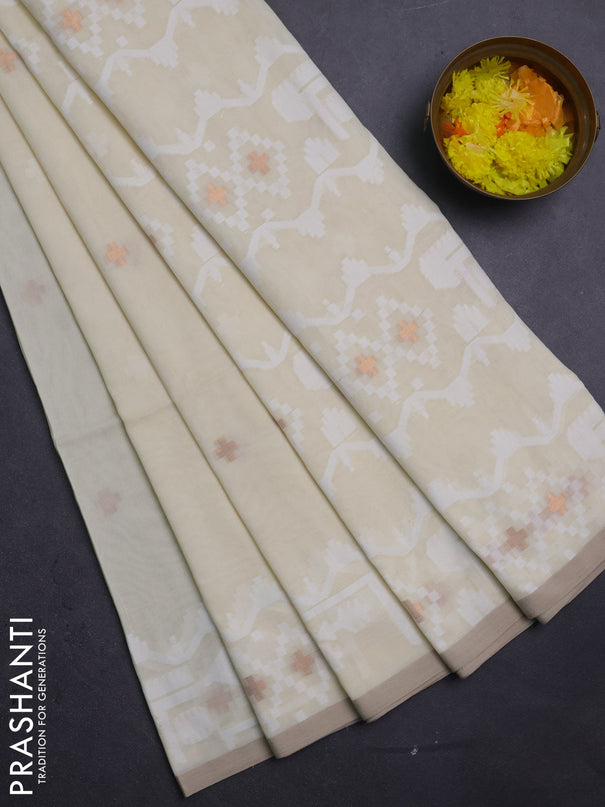 Bengal soft cotton saree cream and sandal with thread & zari woven buttas and thread woven border
