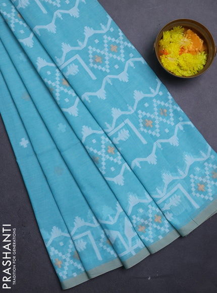 Bengal soft cotton saree teal blue and sandal with thread & zari woven buttas and thread woven border