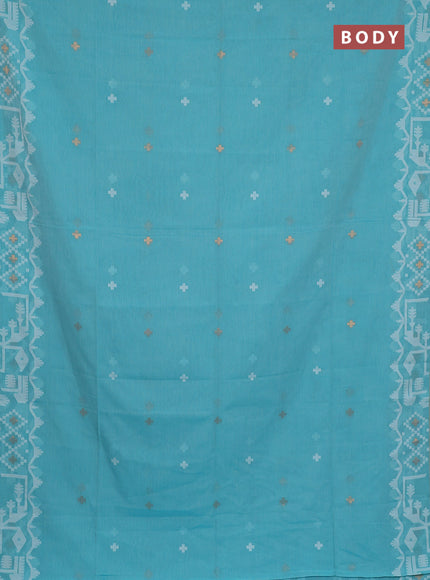 Bengal soft cotton saree teal blue and sandal with thread & zari woven buttas and thread woven border