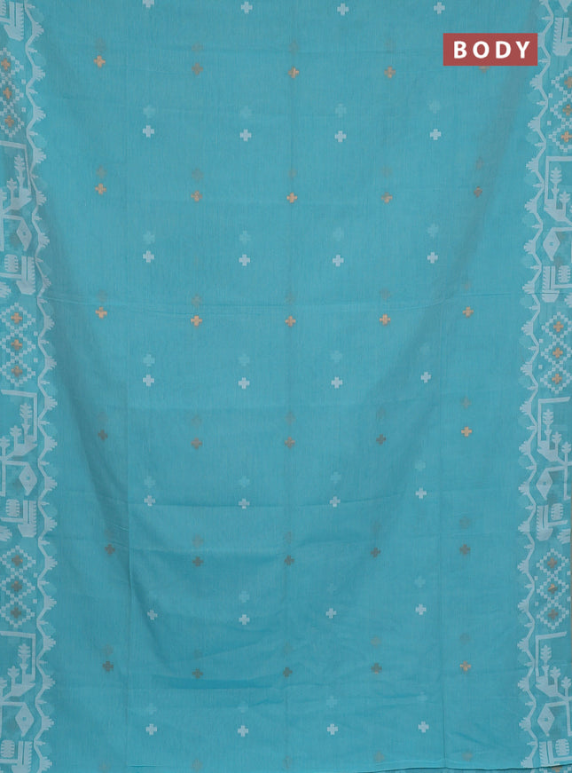 Bengal soft cotton saree teal blue and sandal with thread & zari woven buttas and thread woven border