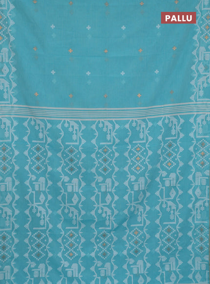 Bengal soft cotton saree teal blue and sandal with thread & zari woven buttas and thread woven border