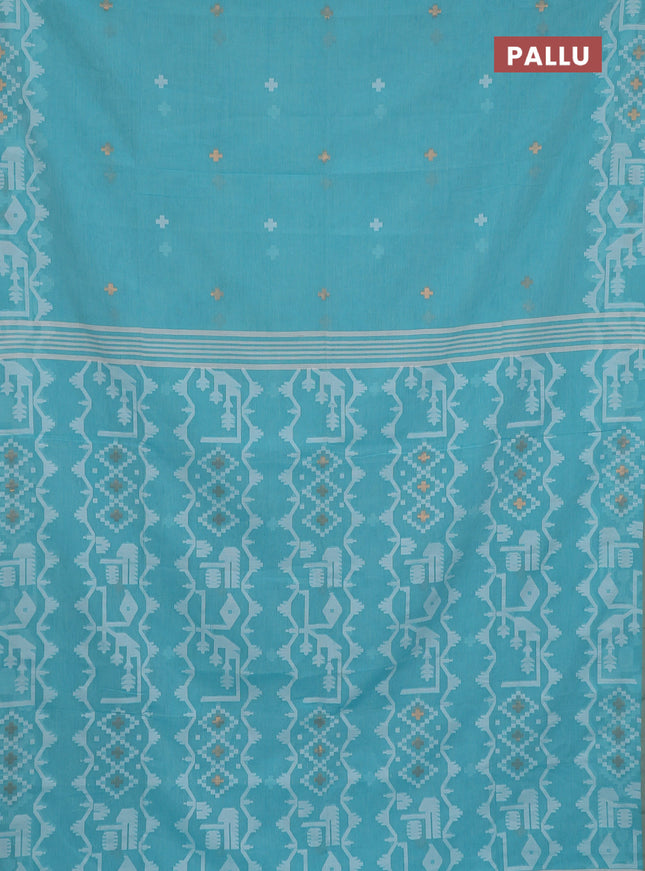 Bengal soft cotton saree teal blue and sandal with thread & zari woven buttas and thread woven border