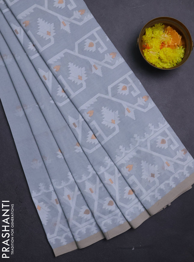 Bengal soft cotton saree grey and sandal with thread & zari woven buttas and thread woven border