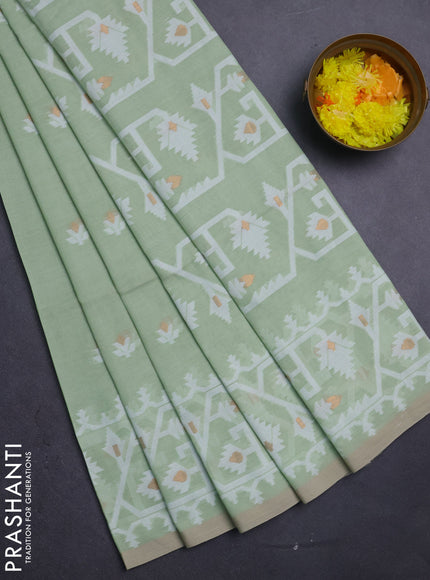 Bengal soft cotton saree light green and sandal with thread & zari woven buttas and thread woven border