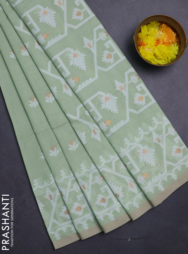 Bengal soft cotton saree light green and sandal with thread & zari woven buttas and thread woven border