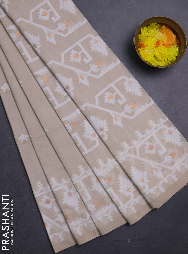 Bengal soft cotton saree beige and sandal with thread & zari woven buttas and thread woven border