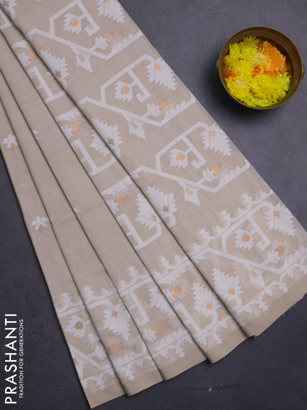 Bengal soft cotton saree beige and sandal with thread & zari woven buttas and thread woven border